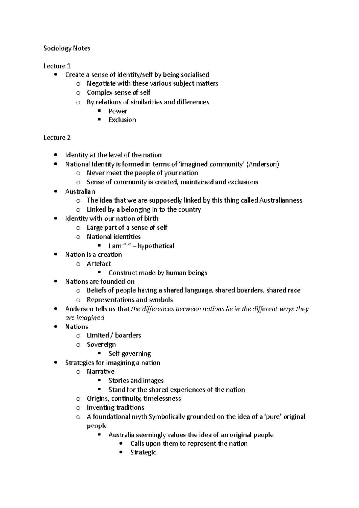 Sociology Notes - Sociology Notes Lecture 1 Create a sense of identity ...