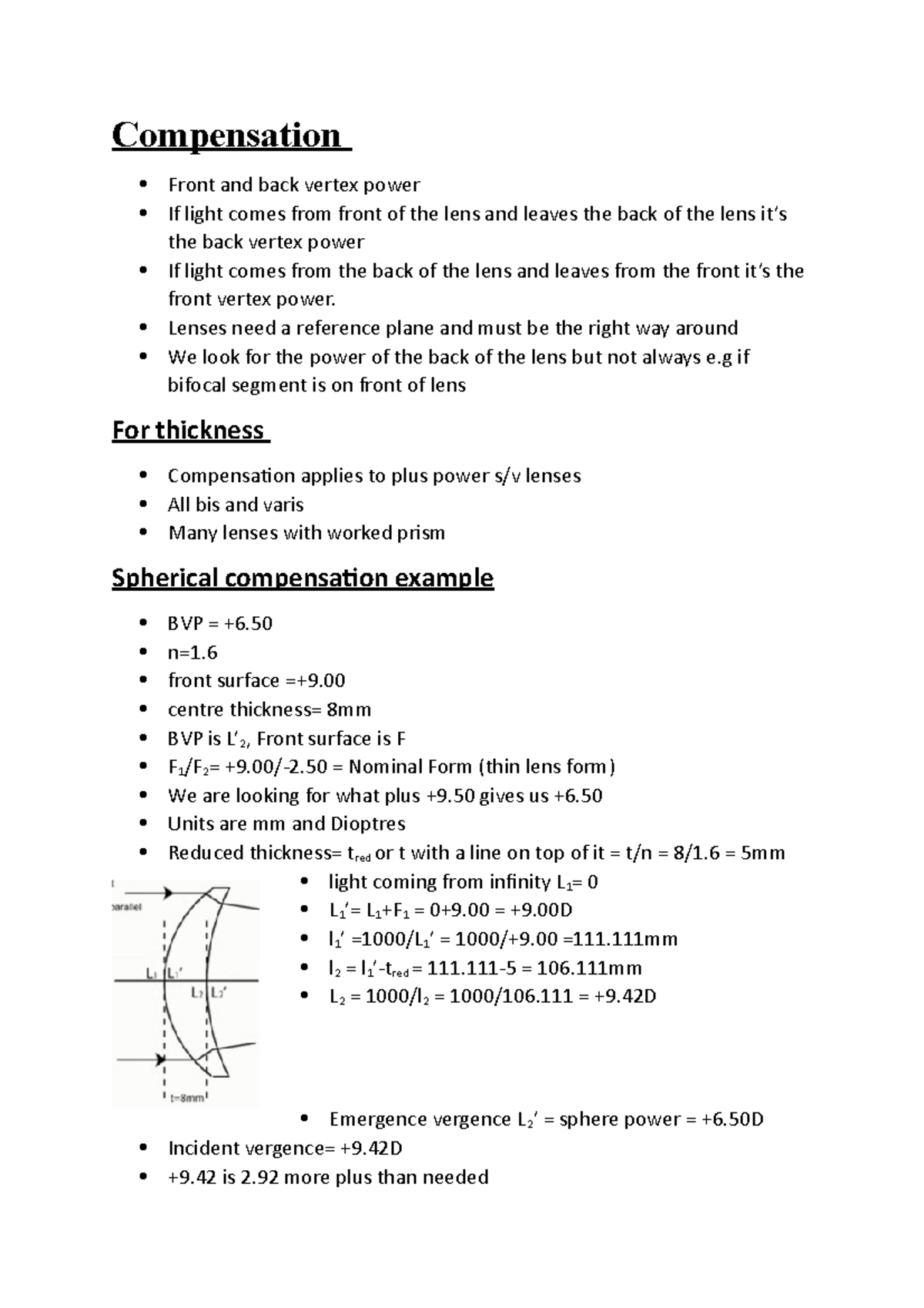 Spherical and Astigmatic Compensation Notes Compensation Front and