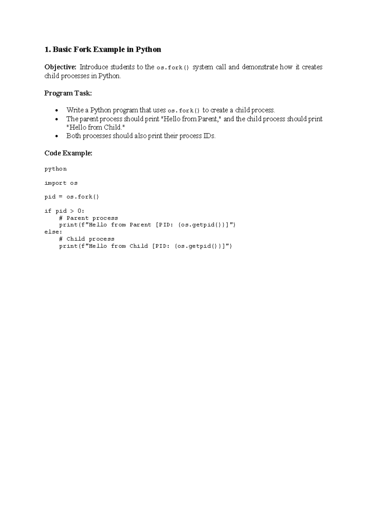 Fork Lab - Lab work notes - 1. Basic Fork Example in Python Objective ...