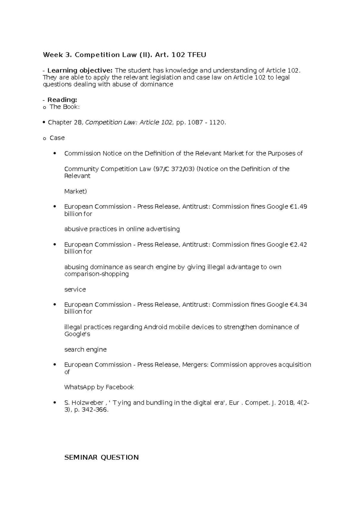 Week 3 EL - Week 3 - Week 3. Competition Law (II). Art. 102 TFEU ...