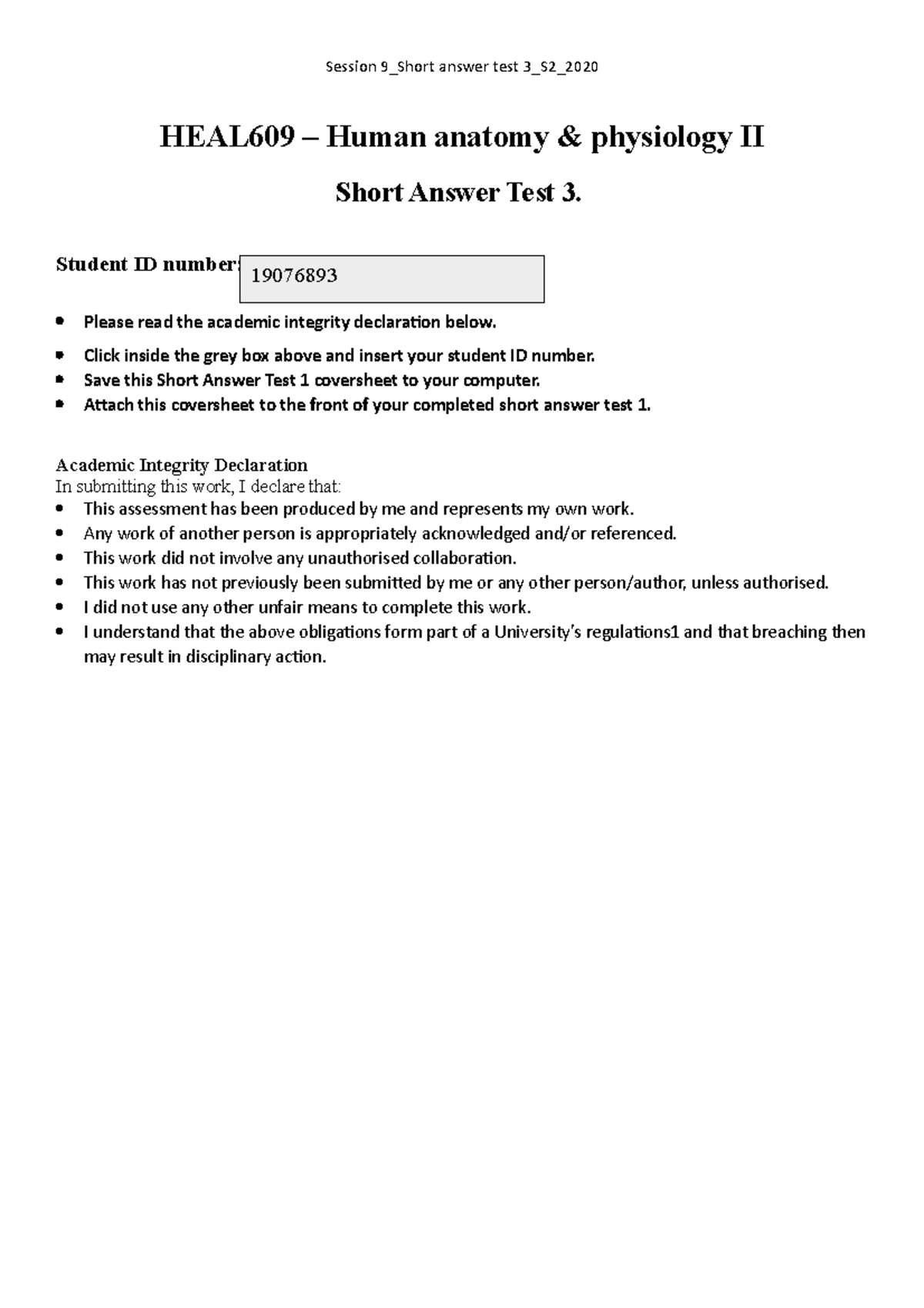 Session 9 Short answer test 3 S2 2020AH - HEAL609 – Human anatomy ...