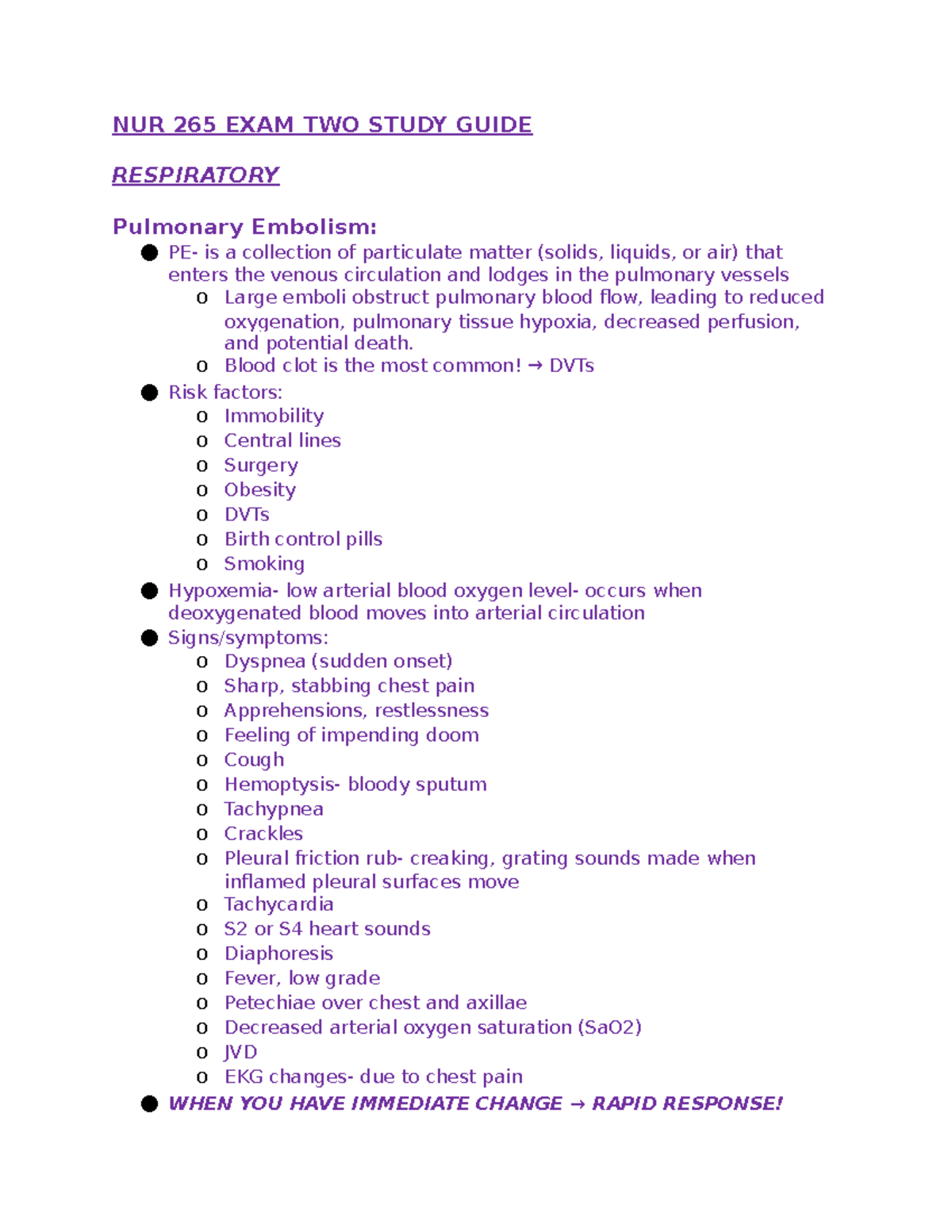 NUR 265 EXAM TWO Study Guide - NUR 265 EXAM TWO STUDY GUIDE RESPIRATORY ...