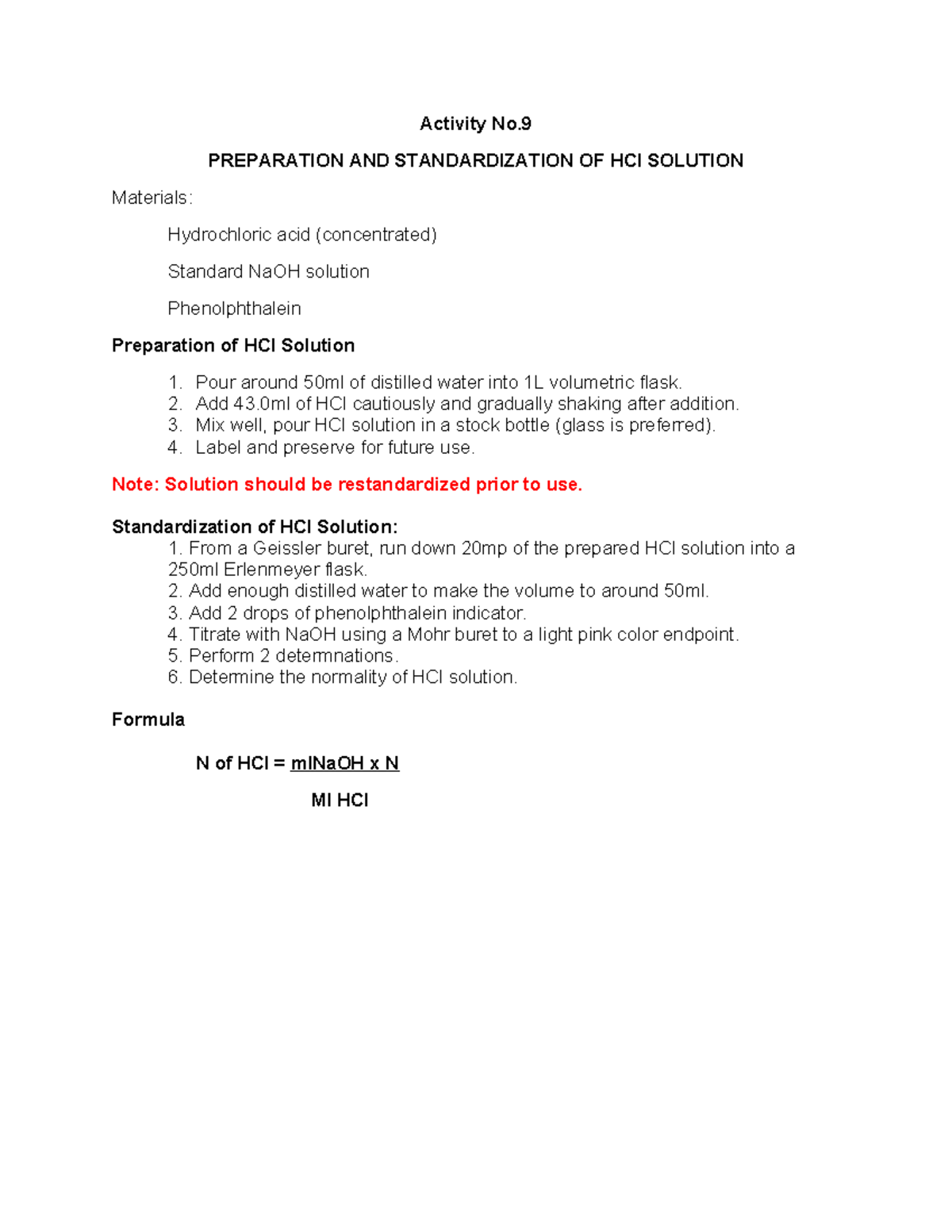 Activity+9+ Preparation+AND+ Standardization+OF+HCl+ Solution ...
