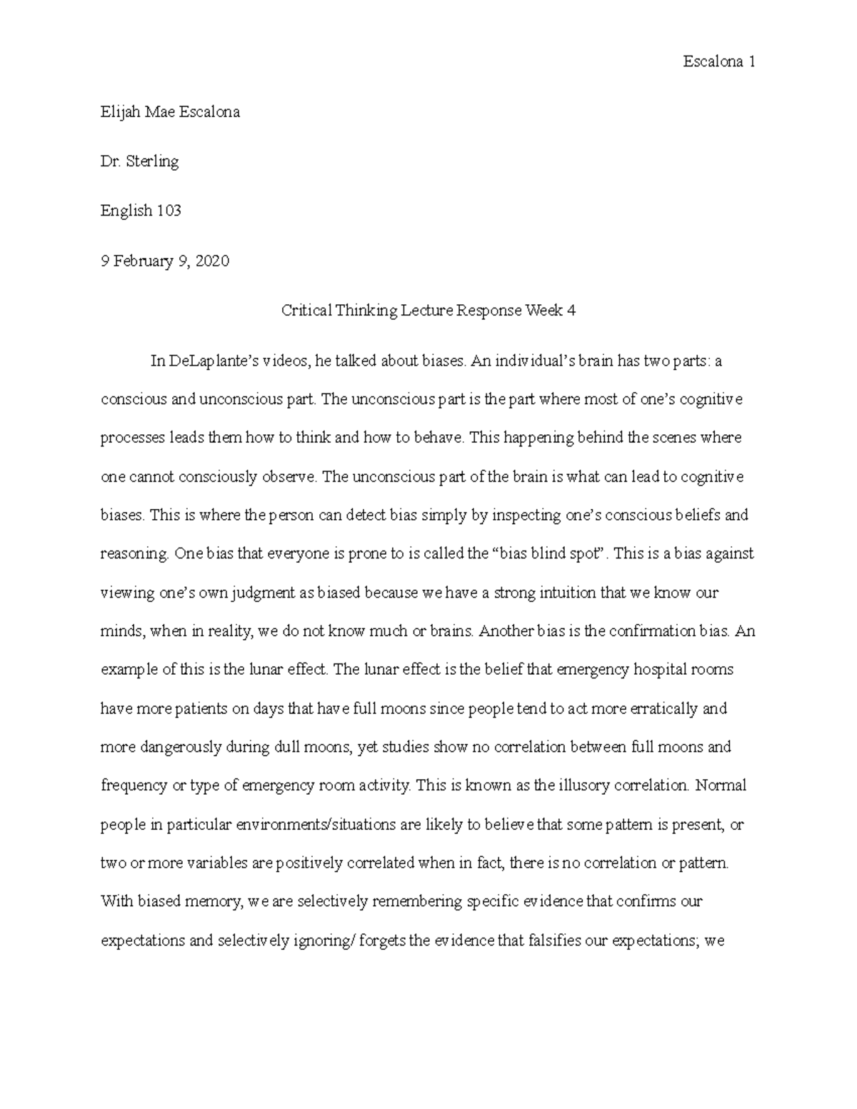 Critical Thinking Lecture Response 3 - Escalona 1 Elijah Mae Escalona ...