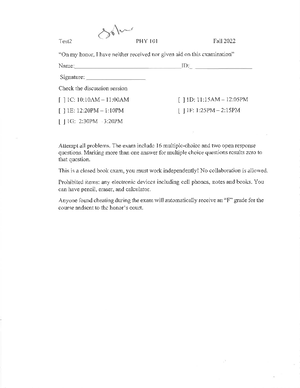 PHY101-Test3 - PHY 101 Test 3 Formula Sheet - Test 3 PHY 101 Fall 2022 ...