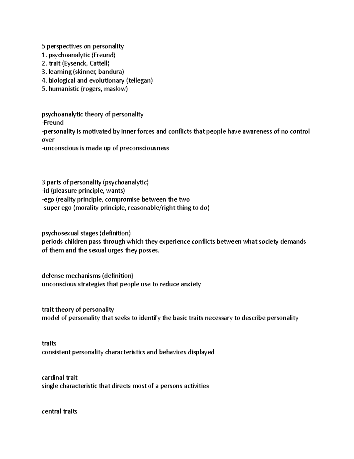 Psy 1010 Final - Important ideas and terms - 5 perspectives on ...