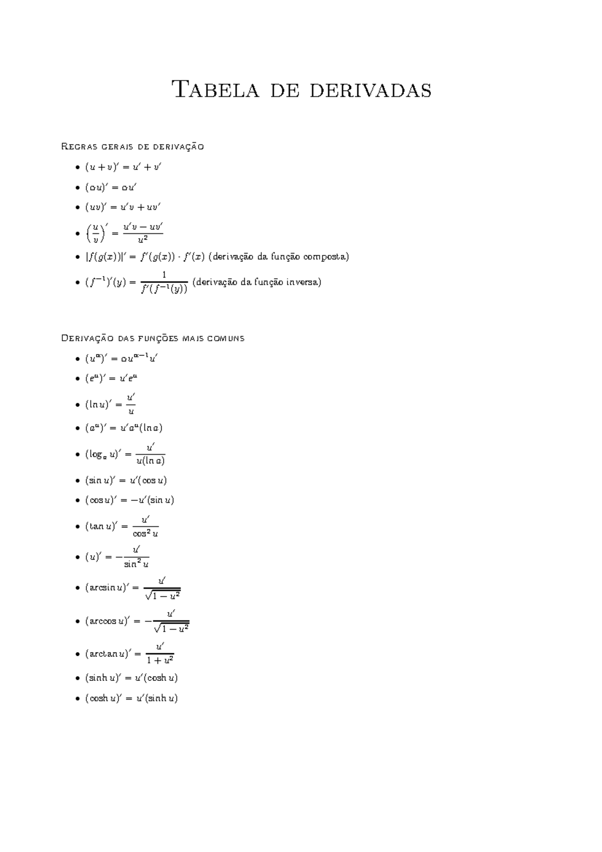 Tabela De Derivadas - Tabela De Derivadas Regras Gerais De Derivac ̧ ...