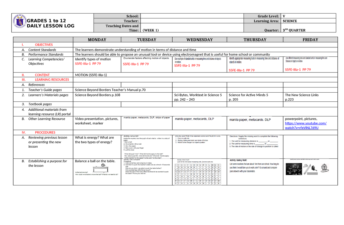 Dll Science 5 Q3 W1 Grades 1 To 12 Daily Lesson Log School Grade Level V Teacher Learning 0420