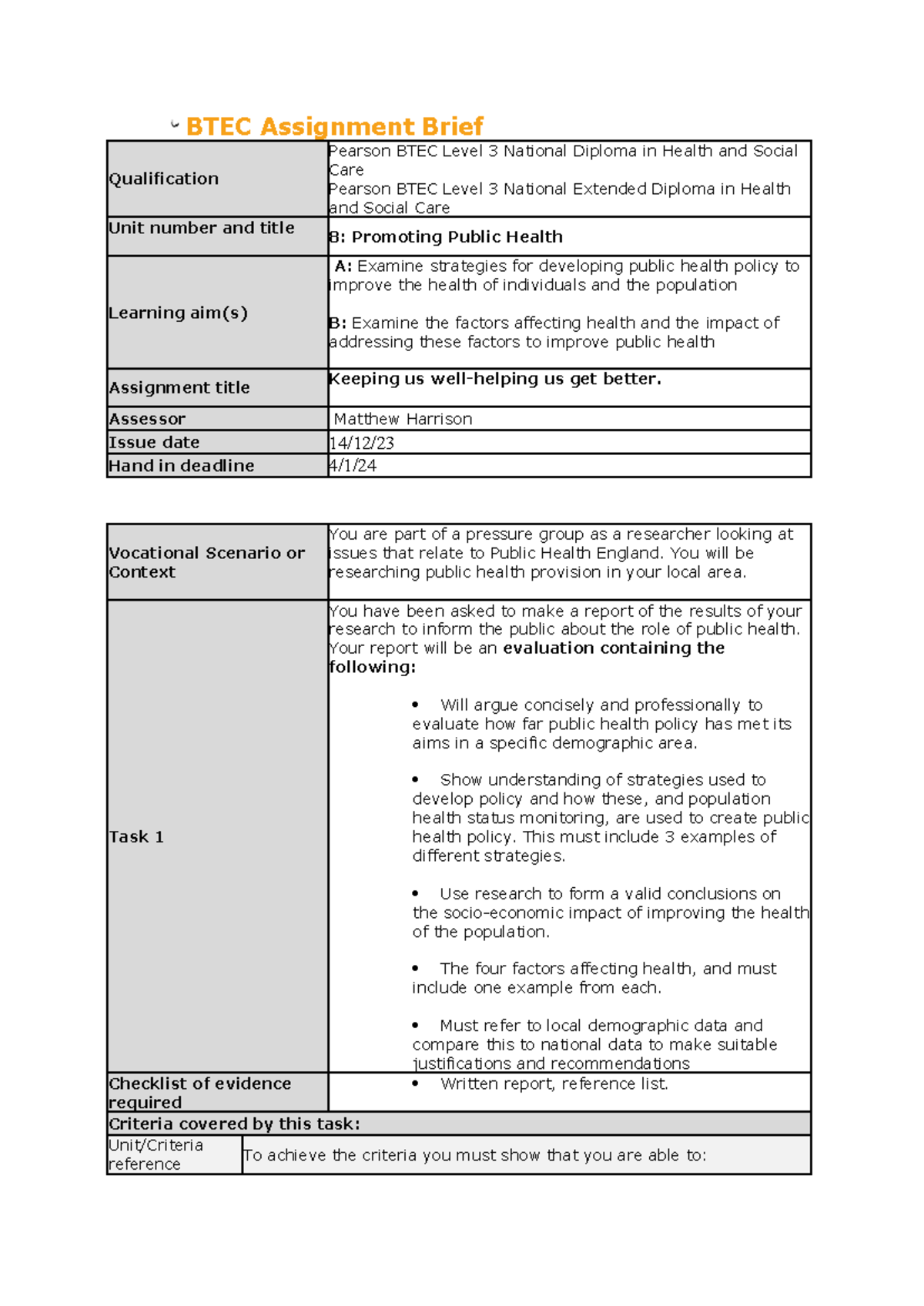 BTEC AB PH Task 1 - Assignment brief - BTEC Assignment Brief ...