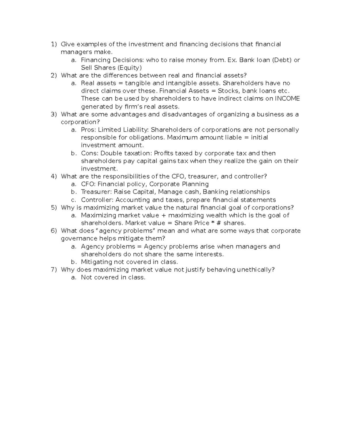 Finance Notes - Give examples of the investment and financing decisions ...