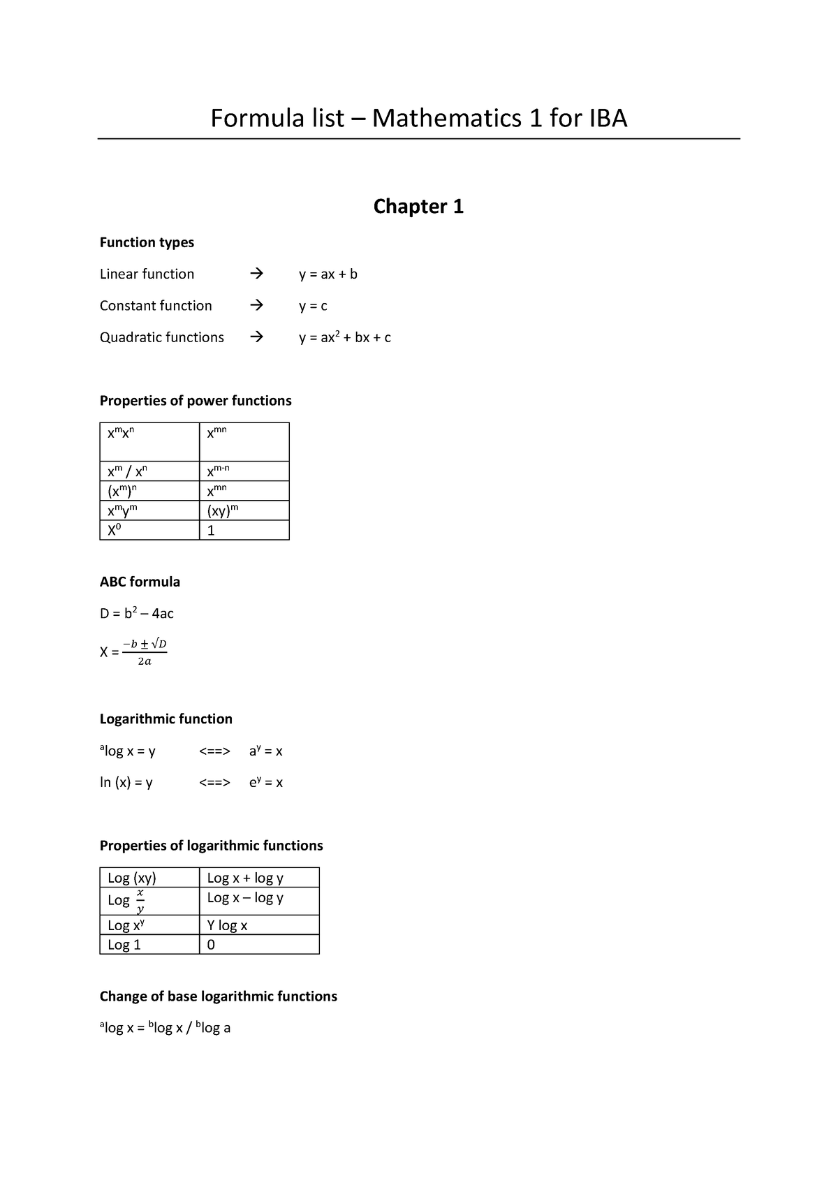 Formula List Van Math 1 (chapters 1-4) - Formula List – Mathematics 1 