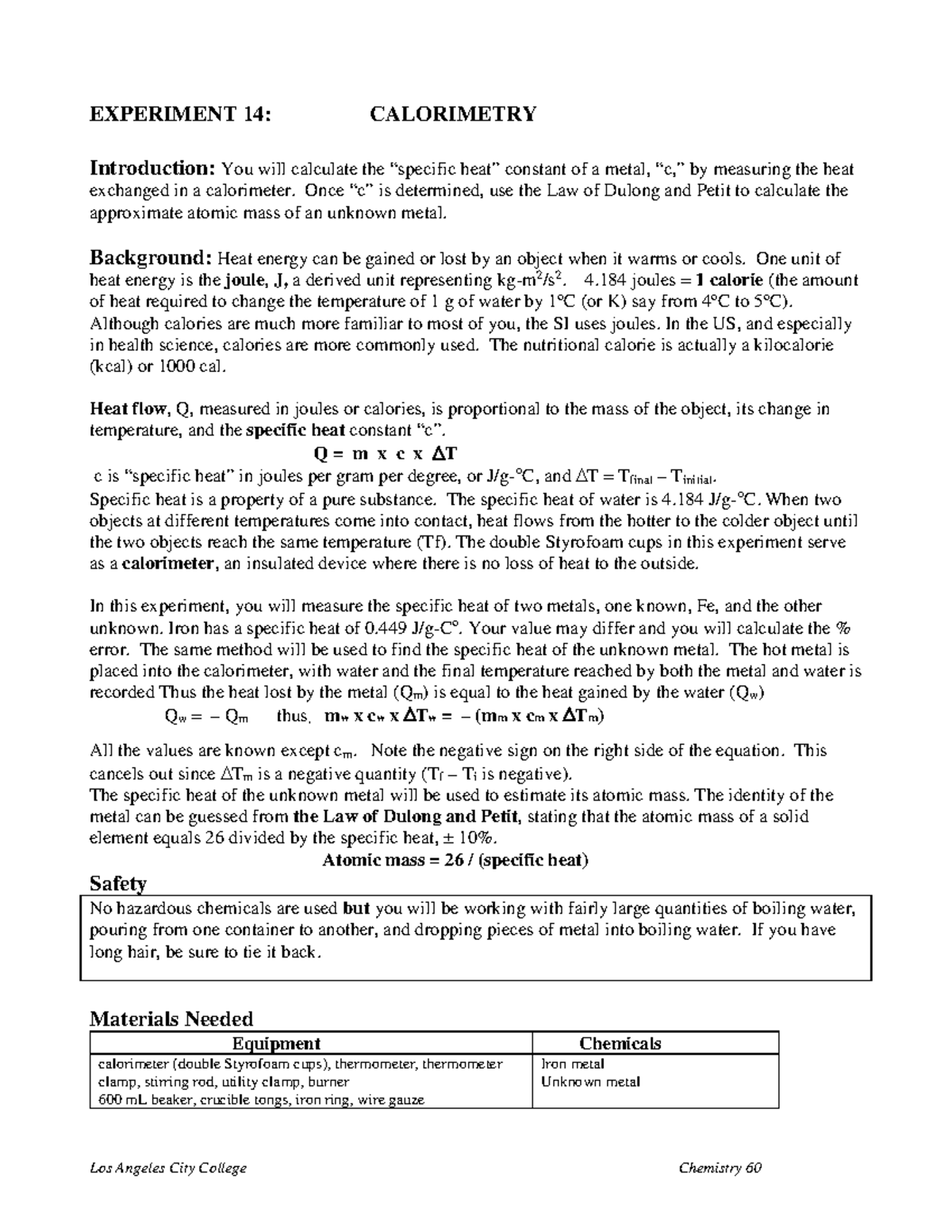 Experiment 14 Hahshshsh EXPERIMENT 14 CALORIMETRY Introduction