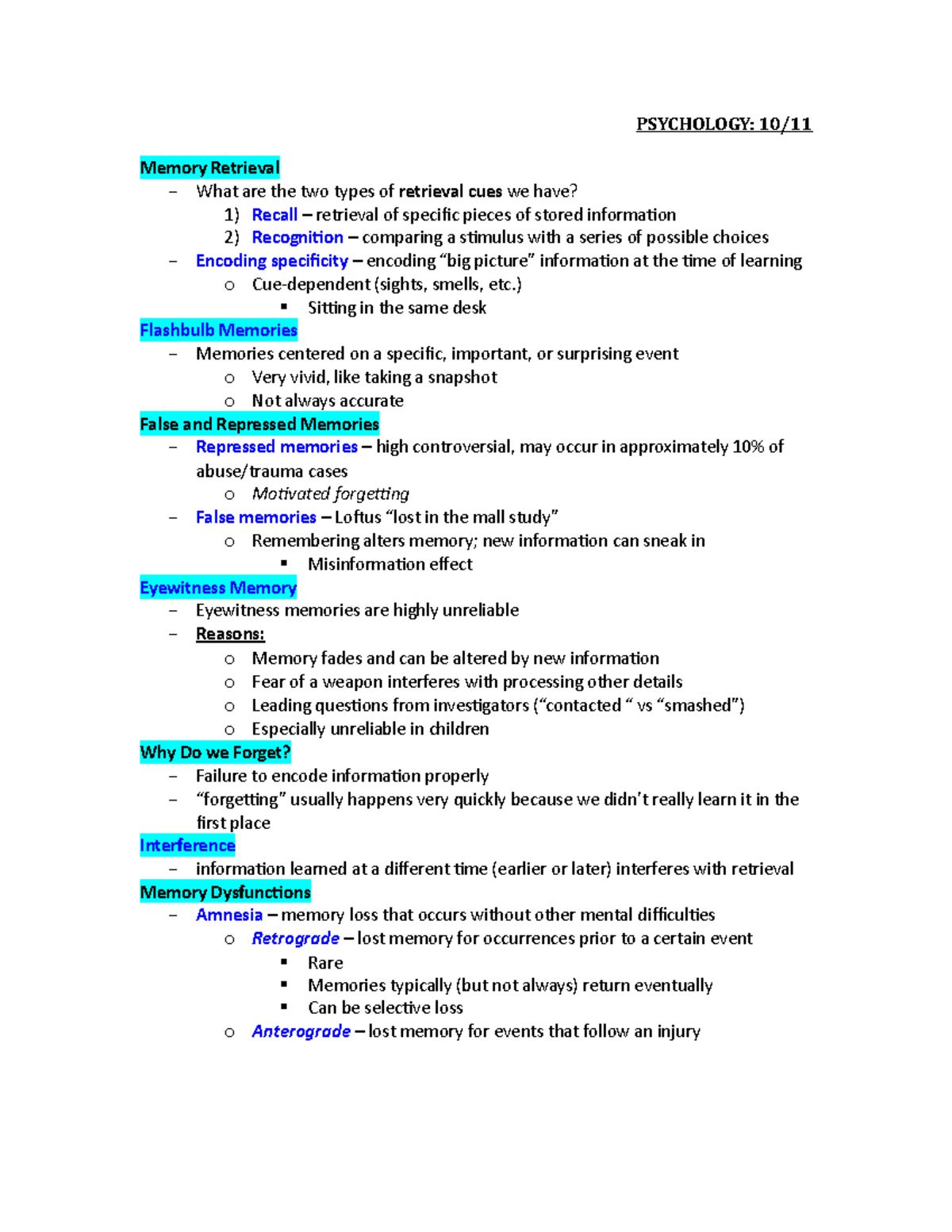 10.11.16 Lecture Notes - PSYCHOLOGY: 10/ Memory Retrieval - What are ...