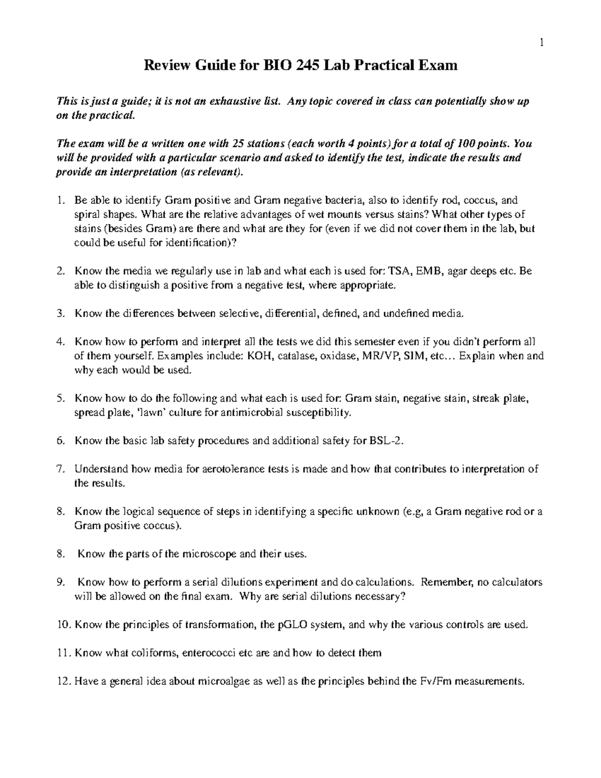 Micro Lab Final Study Guide 245 1004 1 Review Guide for BIO 245 Lab