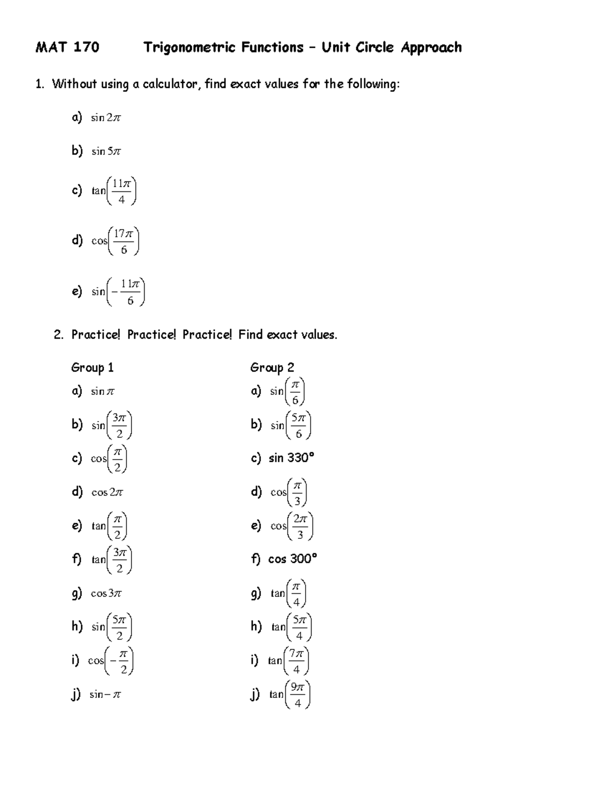 MAT 170 Trigonometric Functions Unit Circle Approach P MAT 170