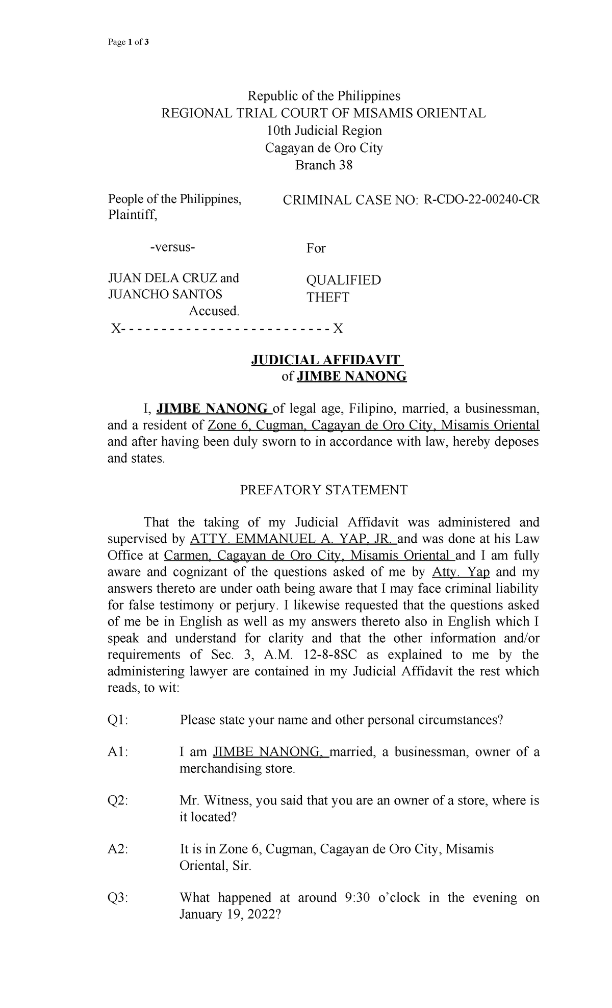 Judicial Affidavit Sample Page 1 Of 3 Republic Of The Philippines   Thumb 1200 1976 