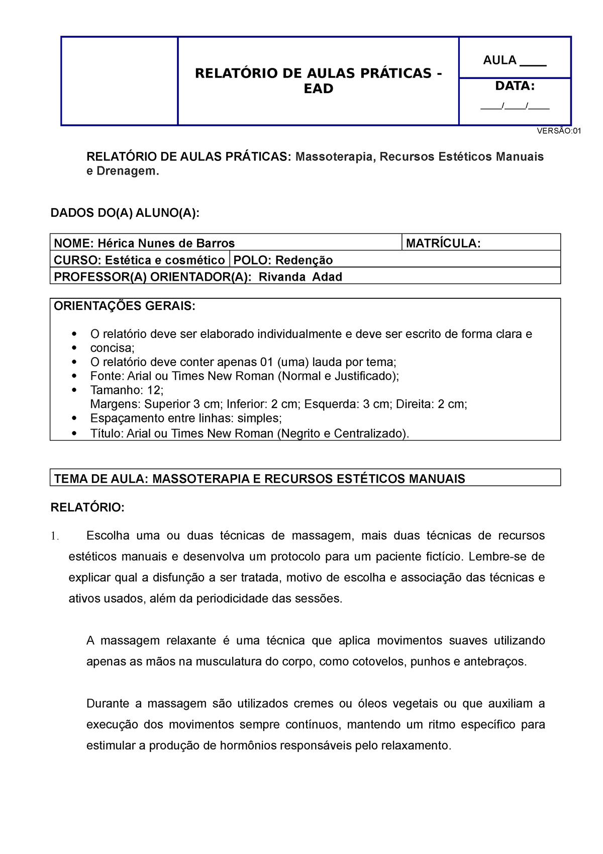 Relatório De Aula Prática 1 Revisado Cynthia Massagem RelatÓrio De Aulas PrÁticas Ead Data 1736