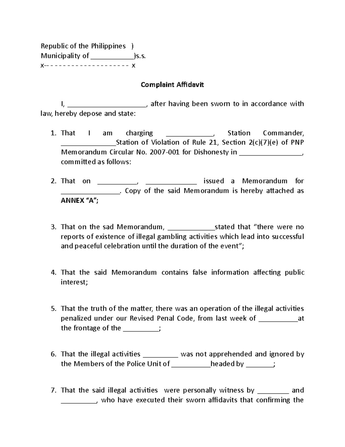 367358589 Complaint Affidavit to PNP - Republic of the Philippines ...