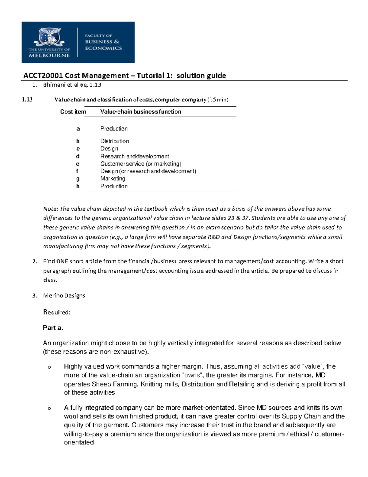 Tutorial 1 Cost Management Solutions ACCT20001 Cost Management