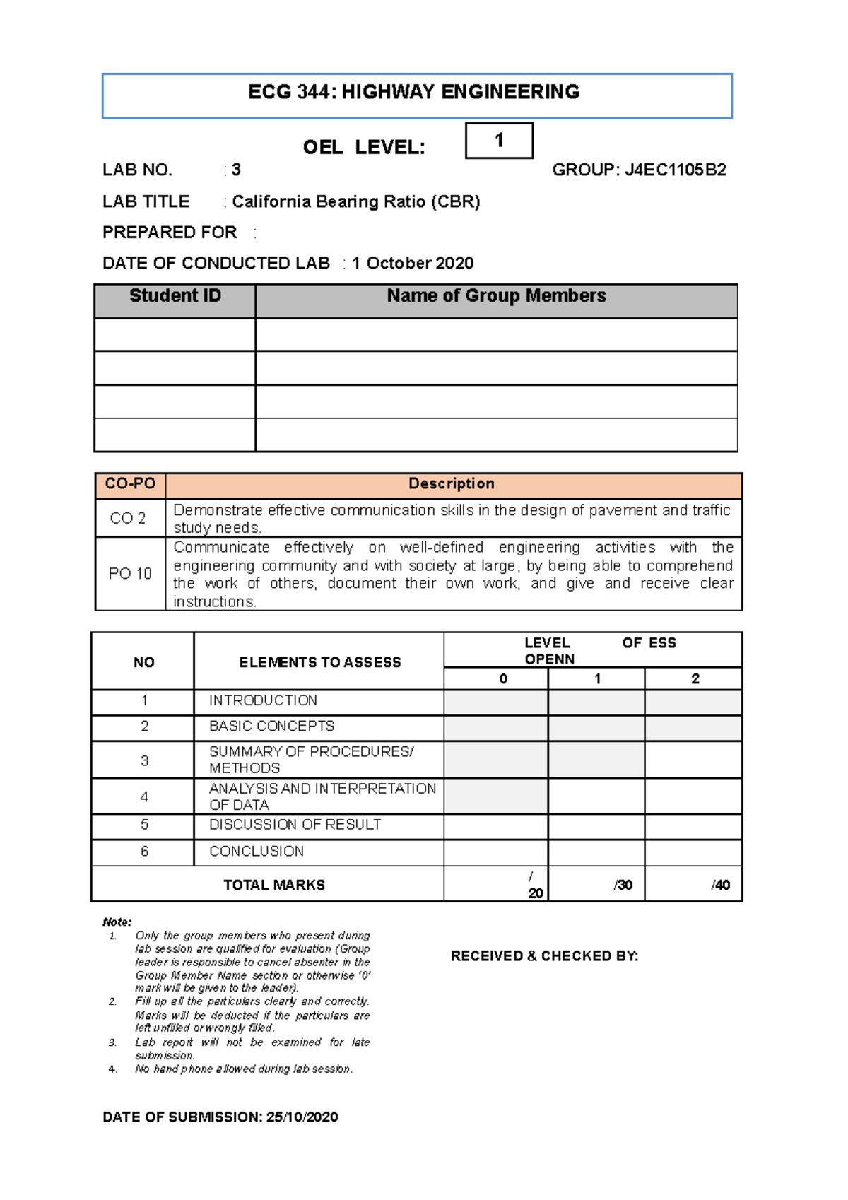 Lab 3 CBR Test - Lab Report - LAB NO. : 3 GROUP: J4EC1105B LAB TITLE ...