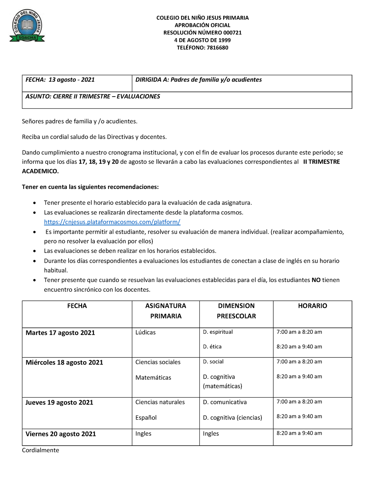 Evaluaciones II Trimestre - COLEGIO DEL NI—O JESUS PRIMARIA APROBACI”N ...