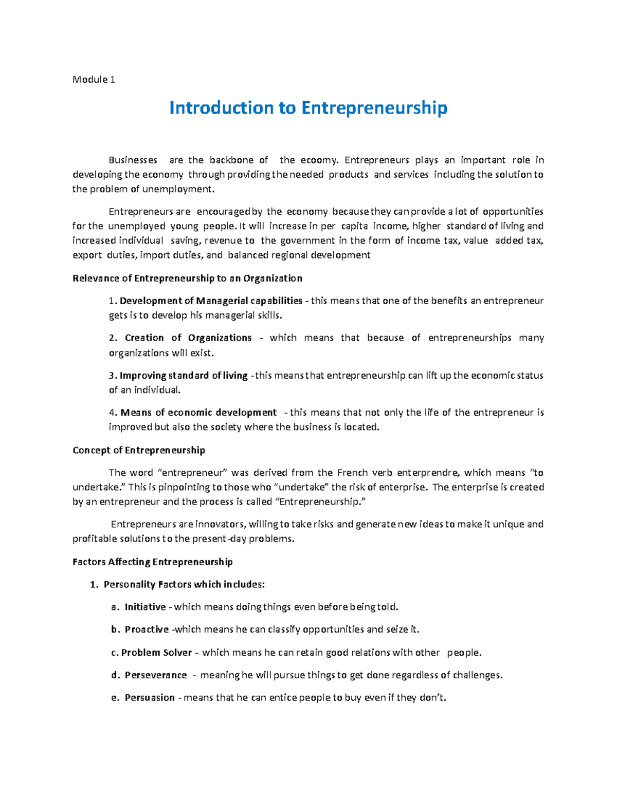 Module 1 - Notes - Module 1 Introduction To Entrepreneurship Businesses ...