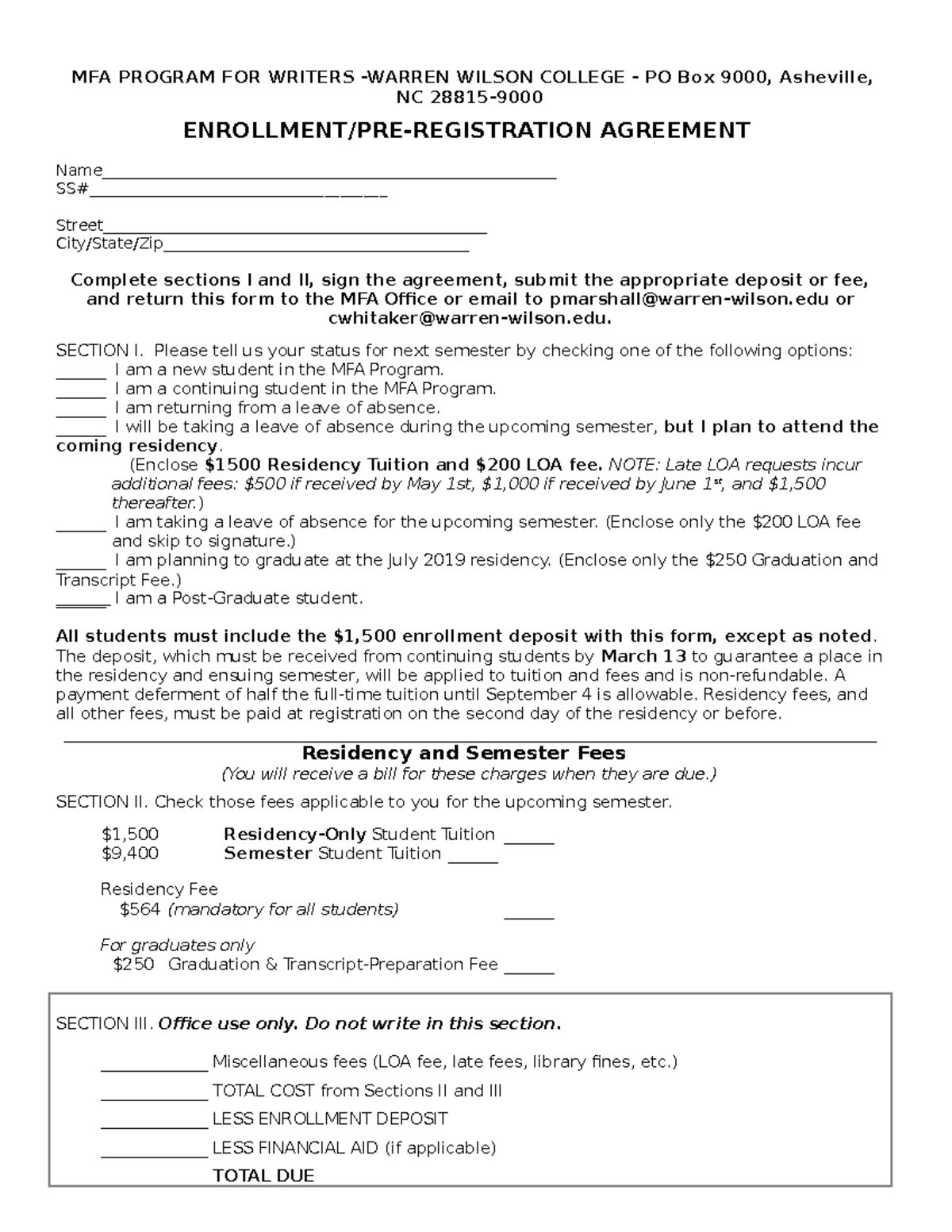 Enrollment Agreement July 2019 MFA PROGRAM FOR WRITERS WARREN WILSON