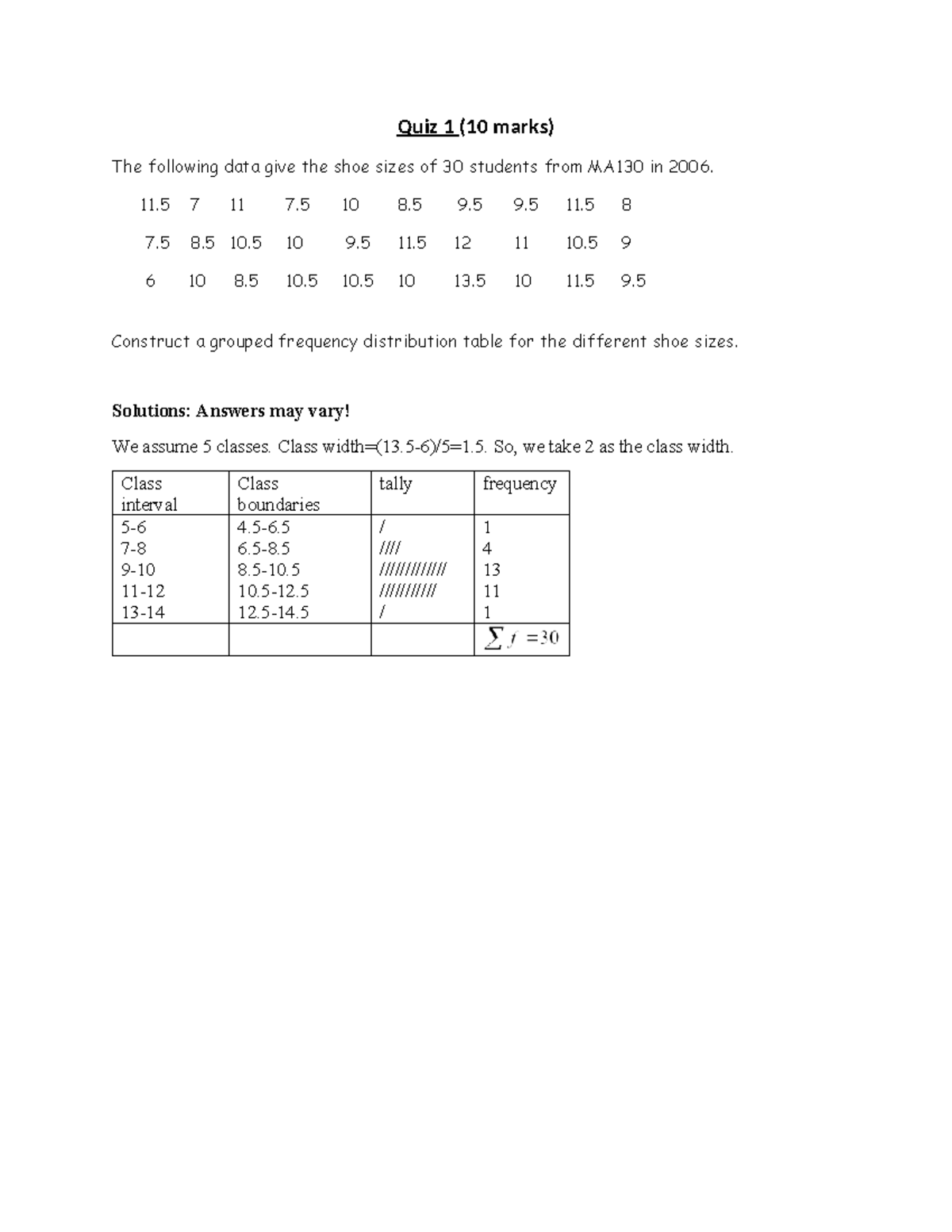 ST130 Quiz 1 Solution - Revision Purpose - Quiz 1 (10 Marks) The ...