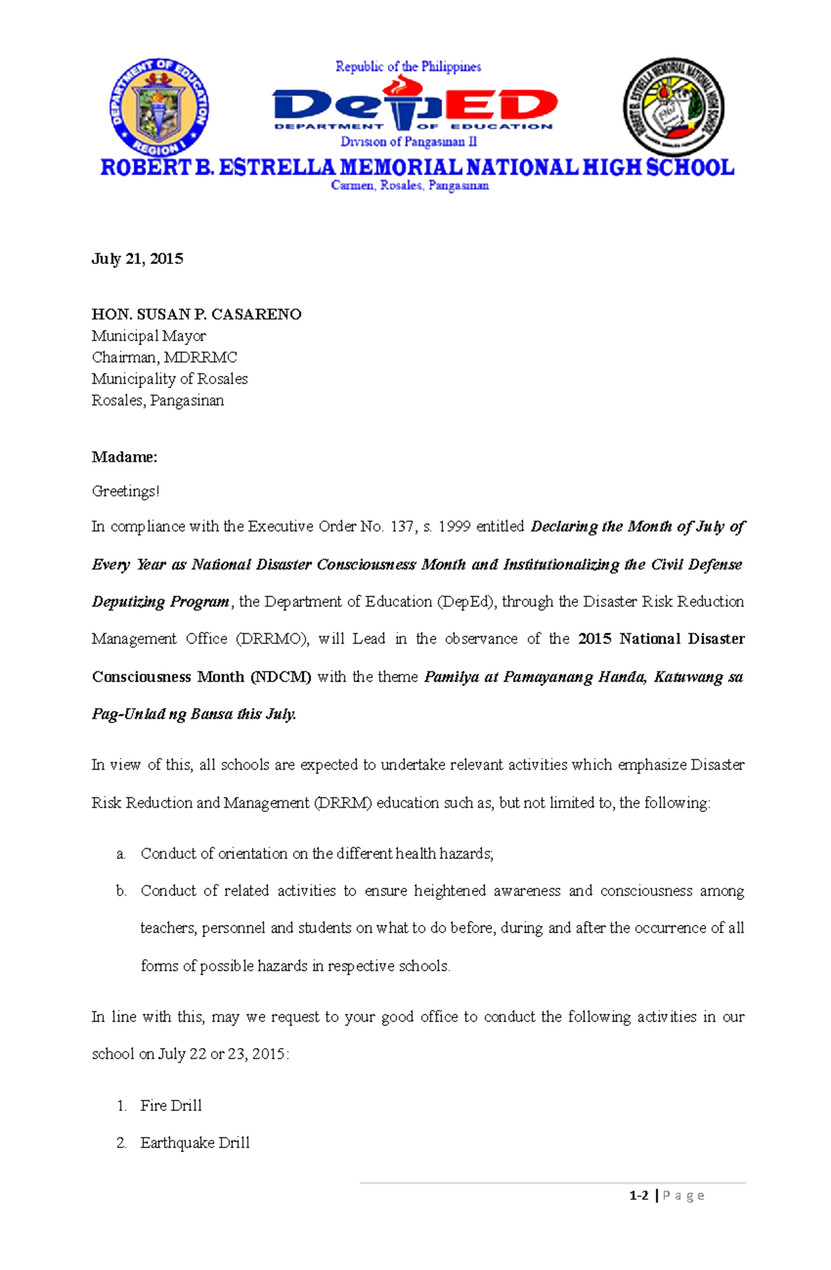 Request for fire drill - sdhbgdhfdt - July 21, 2015 HON. SUSAN P ...