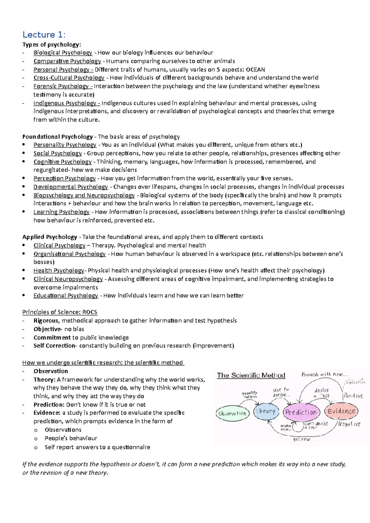 Condensed Week 1 Psychology Notes - Lecture 1: Types of psychology ...