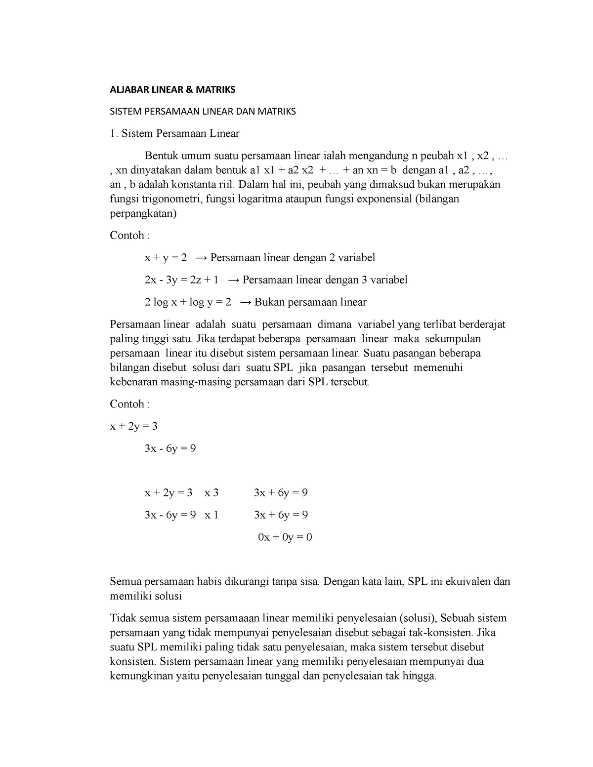 Sistem Persamaan Linear DAN Matriks - ALJABAR LINEAR & MATRIKS SISTEM ...