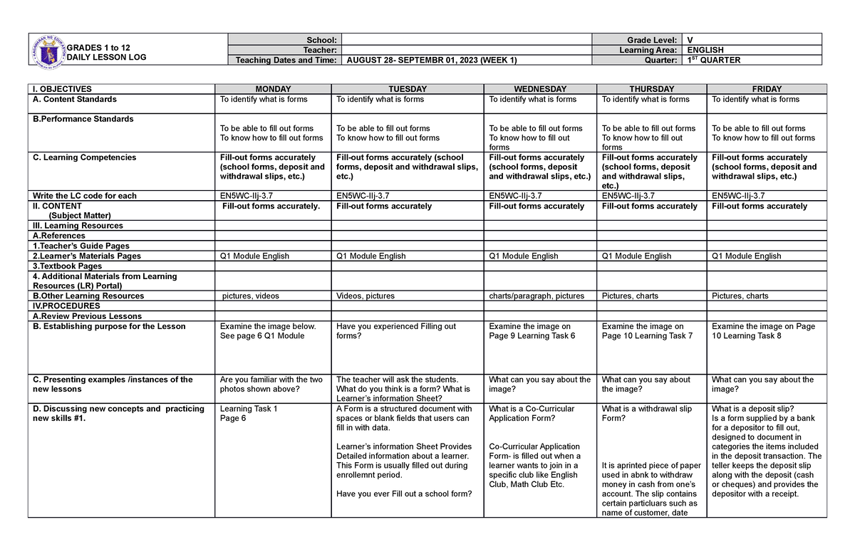 Dll Grade 6 English 5 Q1 Week 1 - GRADES 1 to 12 DAILY LESSON LOG ...