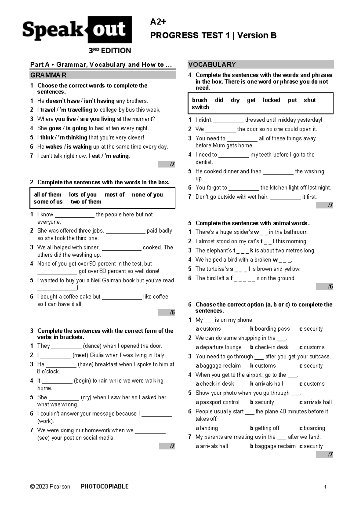 SO3 A2+ Progress Test 1B - PROGRESS TEST 1 | Version B Part A • Grammar ...