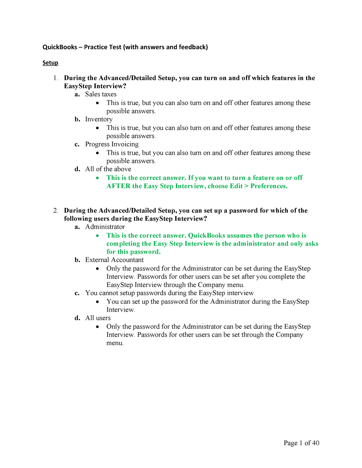 Quickbooks practice with answers feedback QuickBooks Practice Test