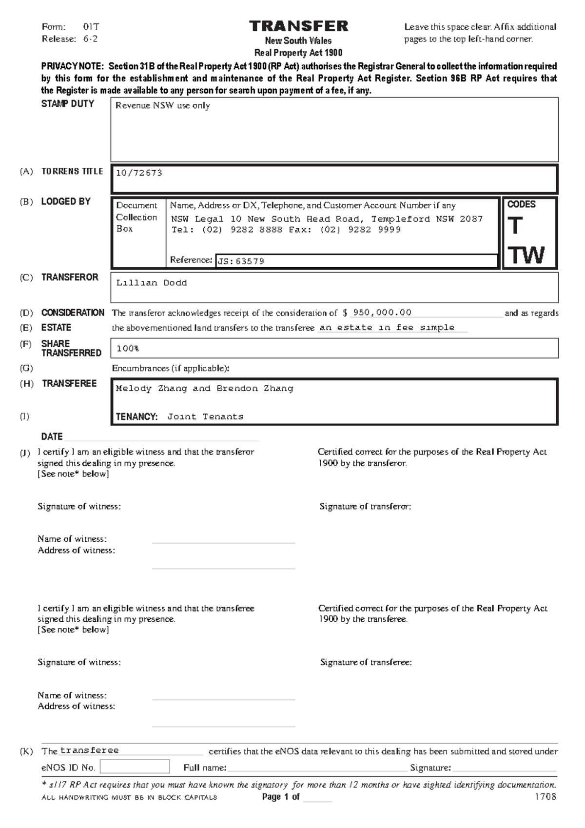 Torrens transfer form complete STAMP DUTY Revenue NSW use only (B