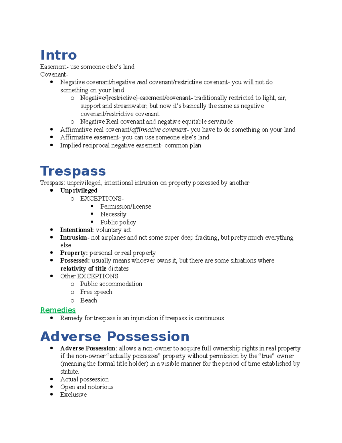 Property Elements Intro Easement use someone else’s land Covenant