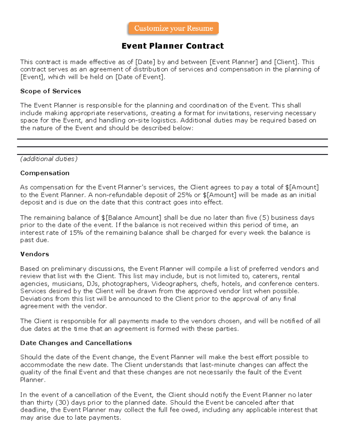 Event Planner Contract Event Planner Contract This Contract Is Made