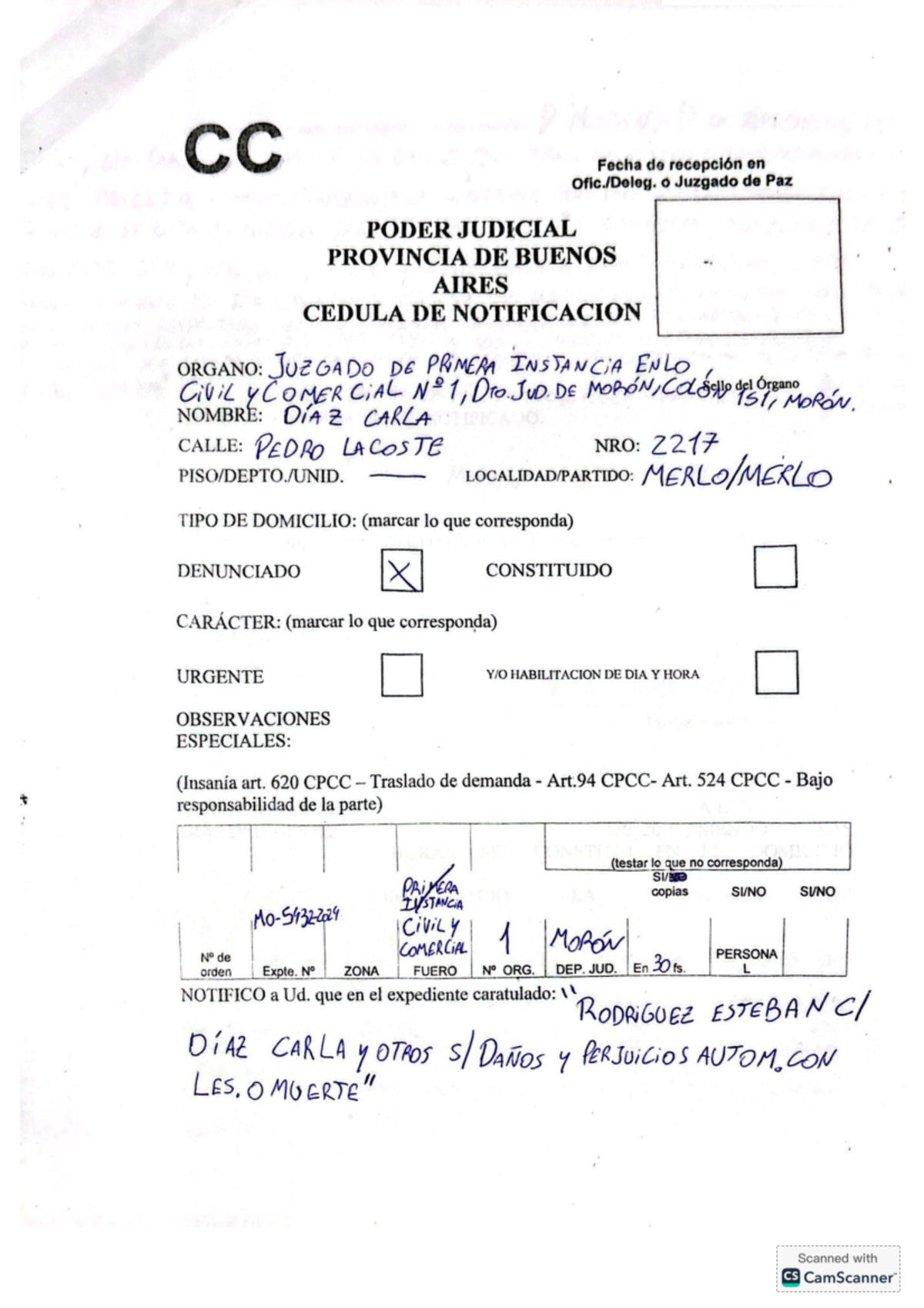 Cedula de notificacion - CC Fecha de recepción en Ofic./Deleg. o ...