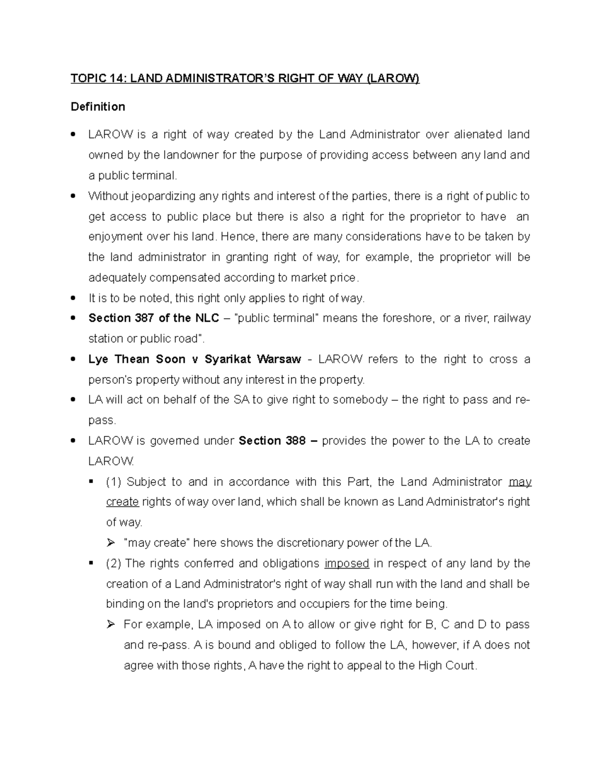 Topic 14 Larow Land Administrator's Right of Way TOPIC 14 LAND ADMINISTRATOR’S RIGHT OF WAY