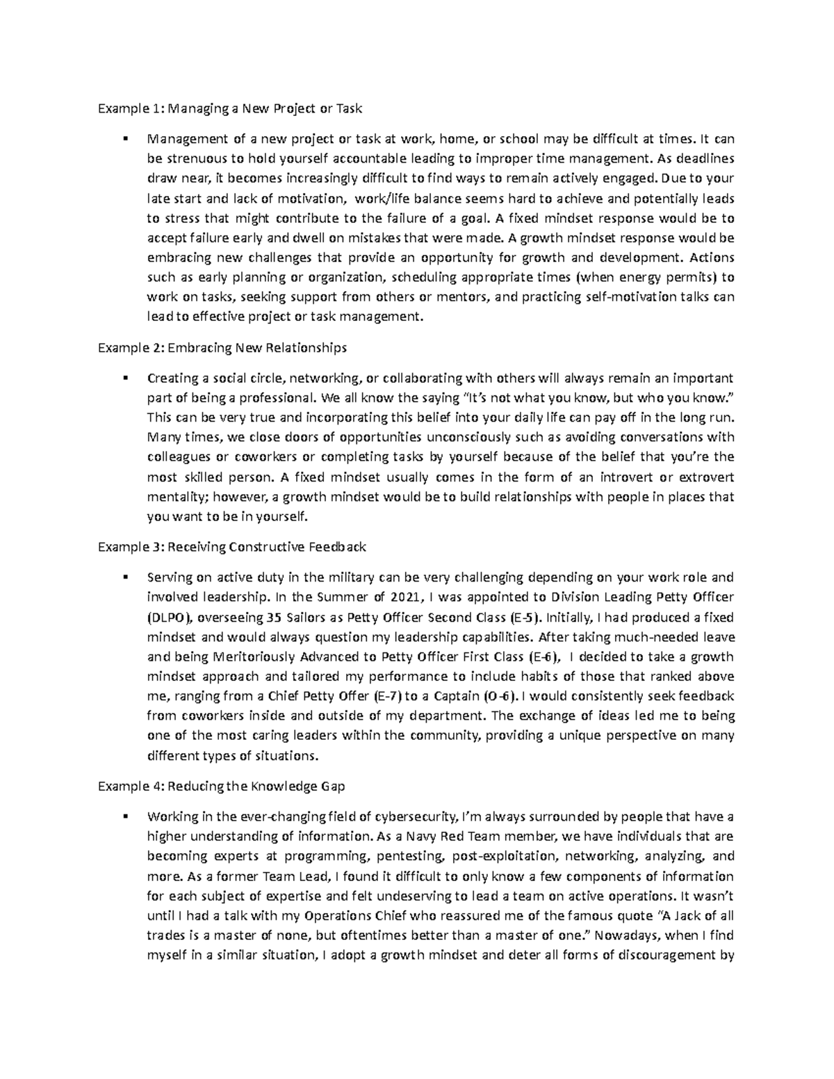 Unit 2 Discussion Everyday Mindset Examples - Example 1: Managing a New ...