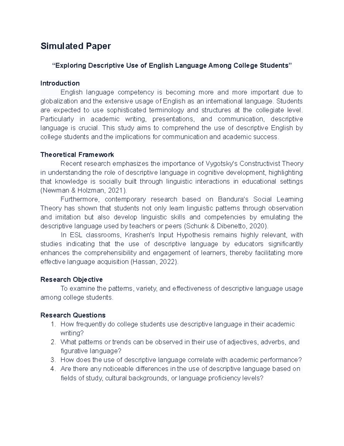 Simulated Paper - Simulated Paper “Exploring Descriptive Use of English ...