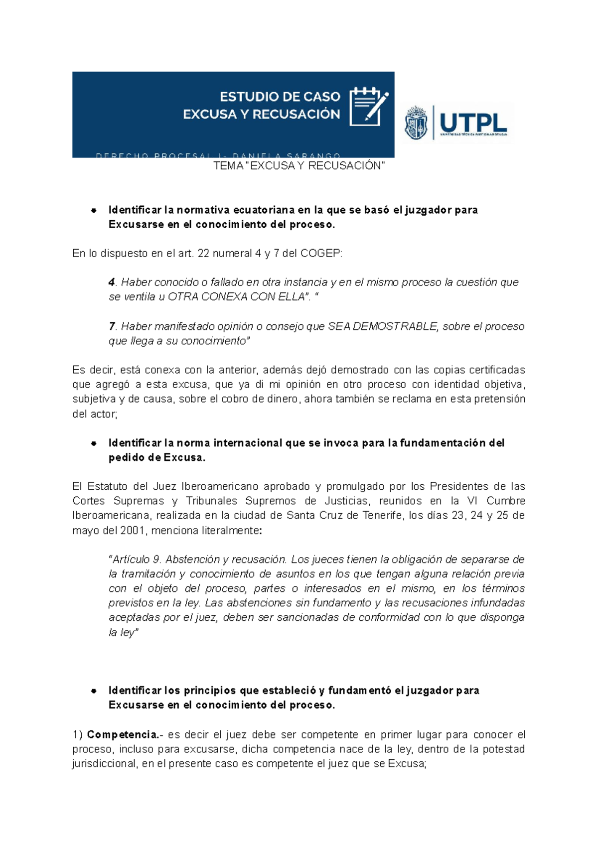 Estudio DE Casoi Excusa Y Recusación: Derecho Procesal - TEMA “EXCUSA Y ...