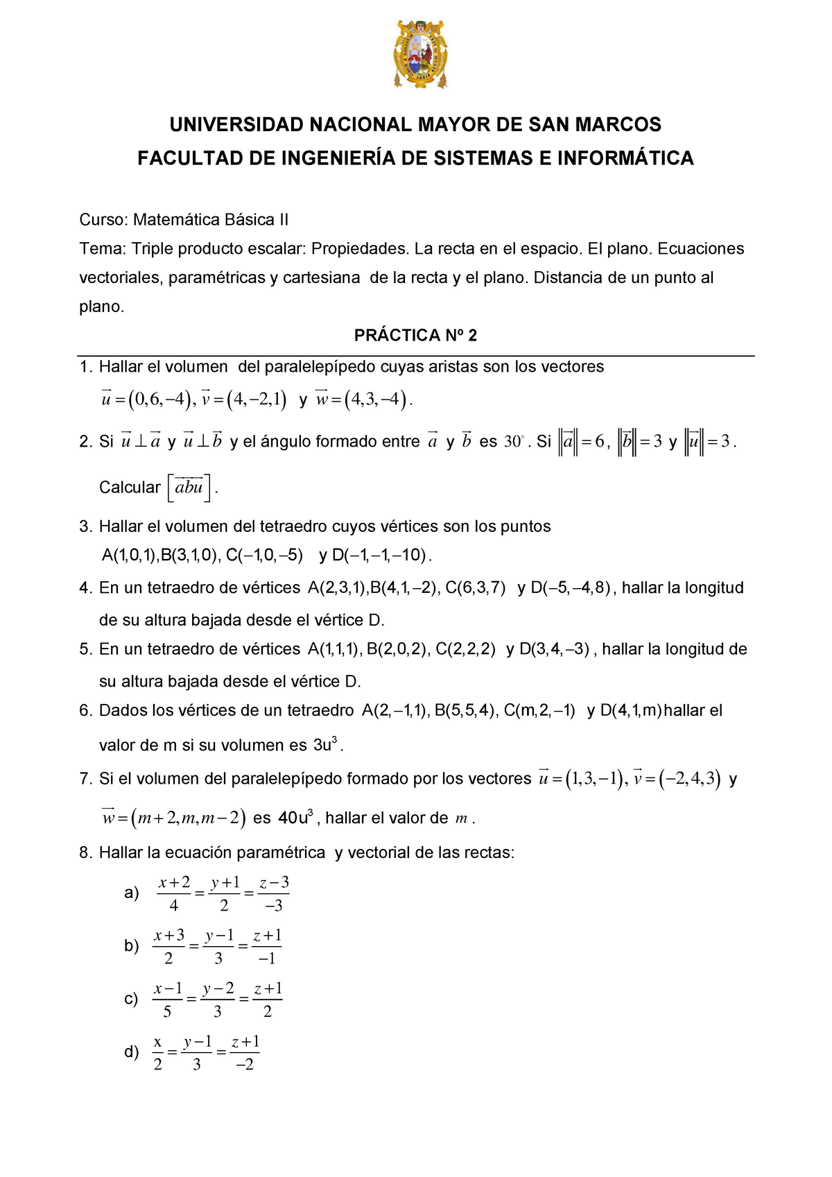 Práctica N 2 De Matemática Básica Ii Unmsm Studocu