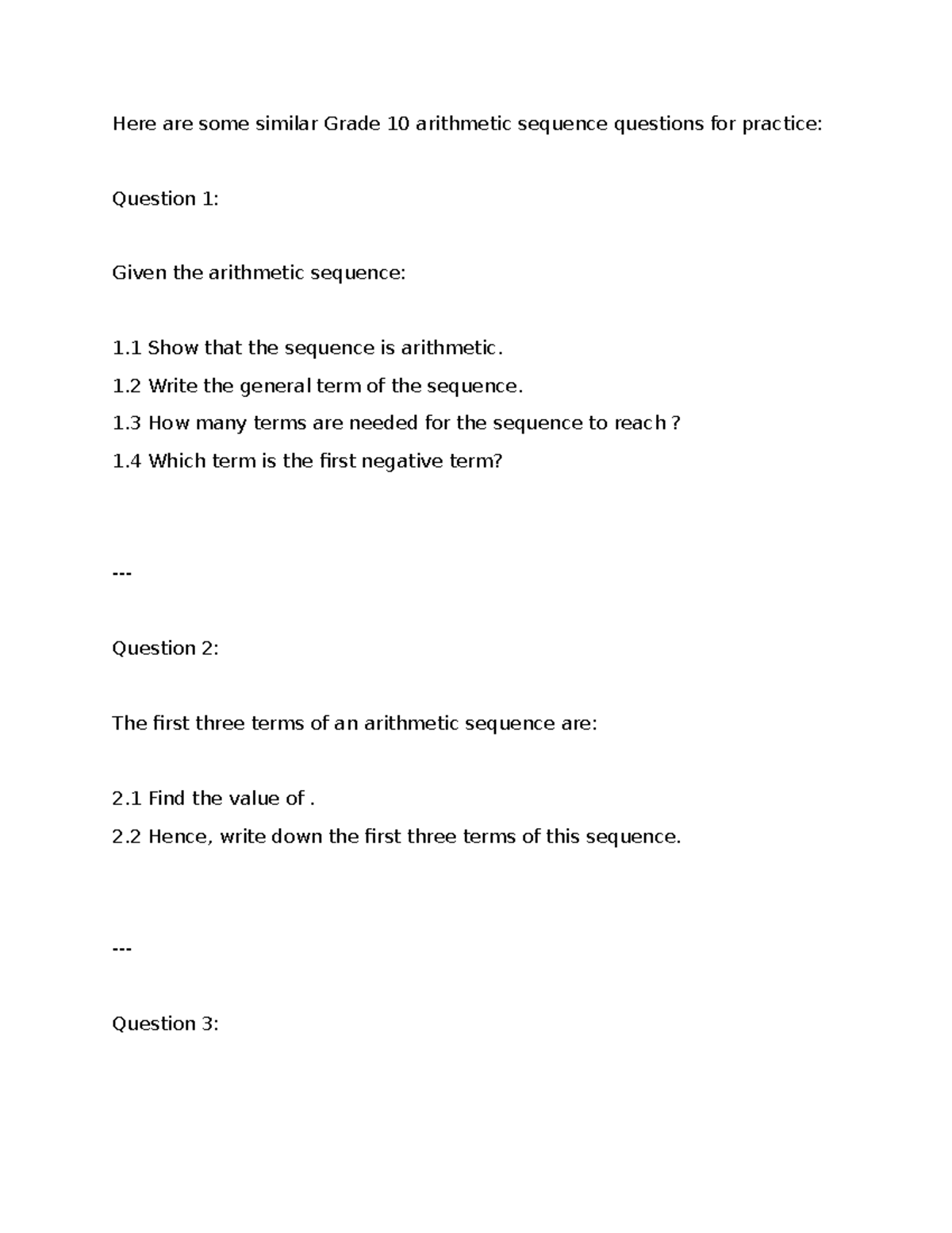 Document (12) - Arithmetic sequence questions - Here are some similar ...