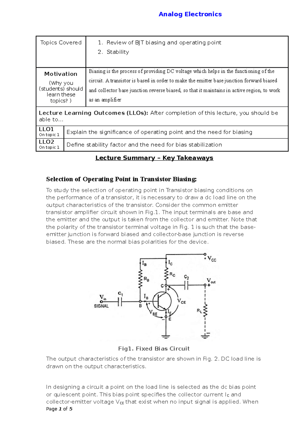 Review Of BJT Biasing And Operating Point - Topics Covered 1. Review Of ...