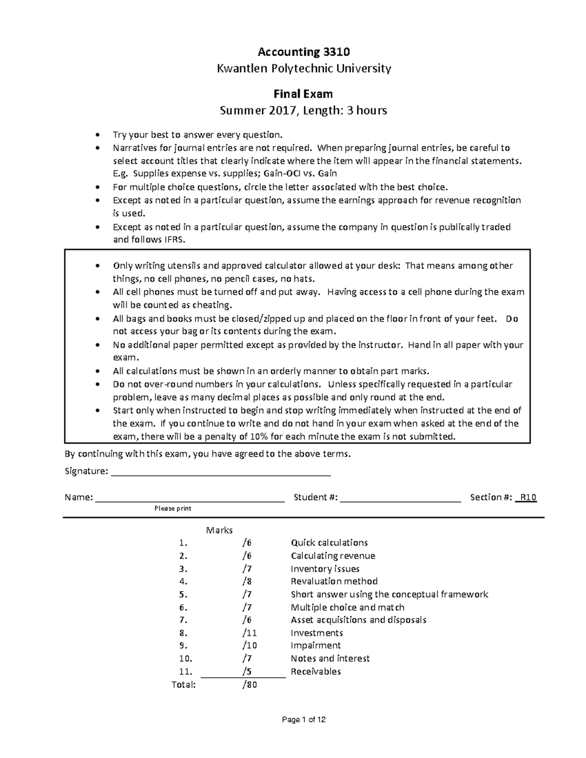 Final Exam 10 August Summer 2017, questions and answers - Accounting ...