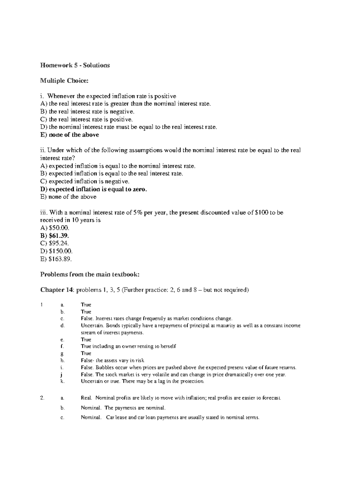 Homework 5 Solution - Homework 5 - Solutions Multiple Choice: i ...