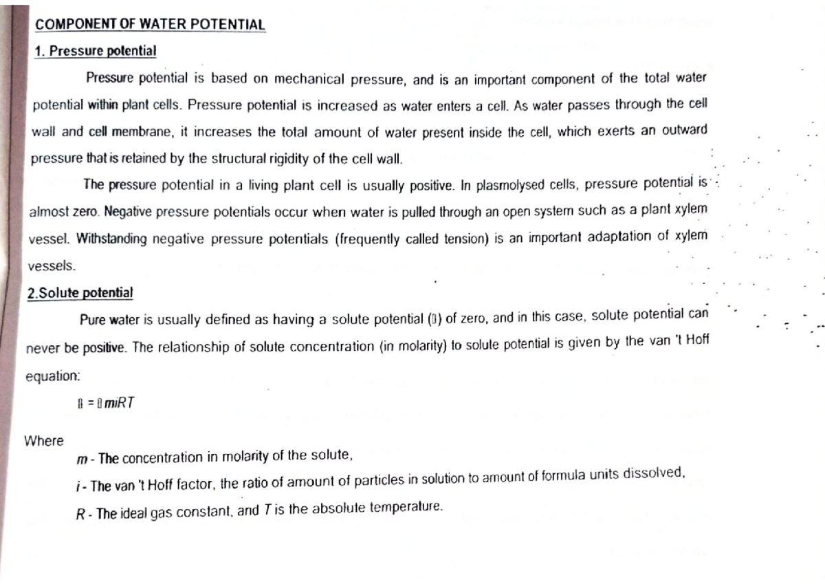 Components of water potential Crop physiology Studocu