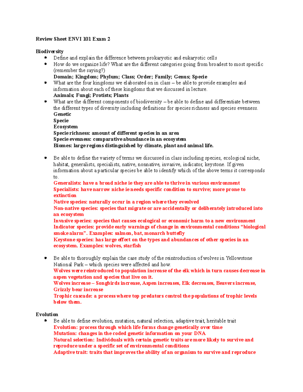 Review Sheet Exam 2Spr23 - Review Sheet ENVI 101 Exam 2 Biodiversity ...
