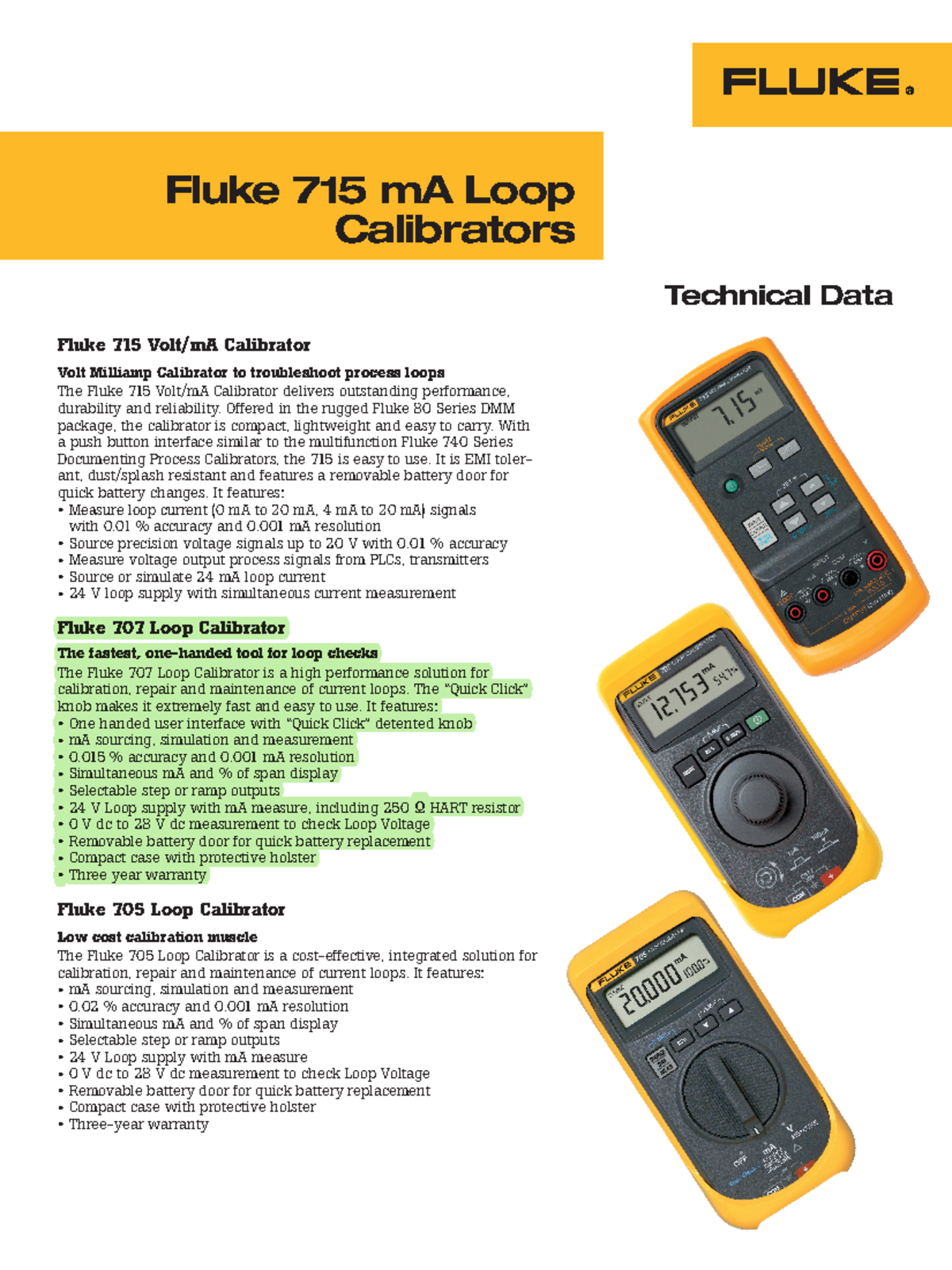 Fluke 707 - Manual - Fluke฀715฀mA฀Loop฀฀ Calibrators ฀ Technical฀Data ...